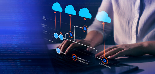 Git flow concept.Development software diagram. Flowchart branching, development and release version...