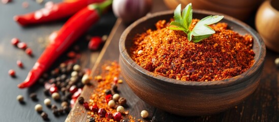 Rustic wooden bowl filled with spicy red pepper, chili, paprika, and various spices