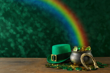 Saint Patrick's Day background. Black pot full of gold coins and leprechaun hat