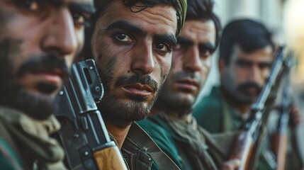 Iranian militiamen with weapons in their hands in an atmosphere of unity and purpose. Close-up of Iranian militiamen with a look of serenity and determination.