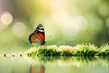 butterfly on a flower, blurred background, macro photography created with generative ai technology. High quality photo