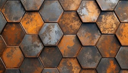 Aged Elegance: Weathered Iron Surface with Worn Central Area and Dark Steel Hexagonal Frame