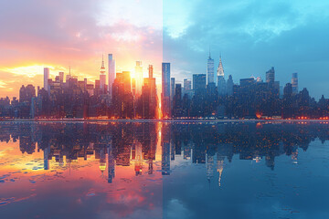Naklejka premium A city skyline during both day and night, illustrating the transformation of urban landscapes with changing light conditions. Concept of diurnal contrast. Generative Ai.