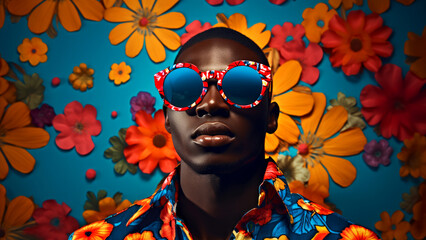 A confident African man in a floral shirt patterned sunglasses on a blooming flower abstract background in pop art style. Contemporary fashion concept