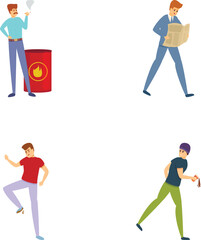 Household injurie icons set cartoon vector. Unhappy unlucky person falling down. Misfortune, failure, accident