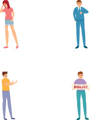 Dislike concept icons set cartoon vector. People with negative gesture. Negative, feedback