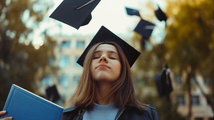 Girl graduates close-up. Graduation caps are flying around her.