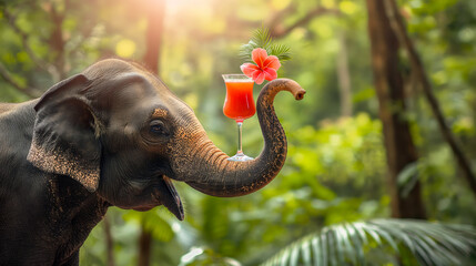 Elephant holds an exotic cocktail with its trunk against a tropical jungle backdrop.