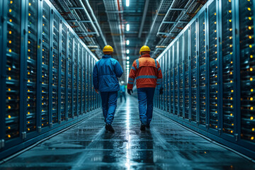Obraz premium Engineers fine-tuning energy-efficient cooling systems for data centers, promoting sustainable practices in the tech industry. Concept of green data centers. Generative Ai.