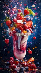 milkshake with berries on a dark background, splashes, creative