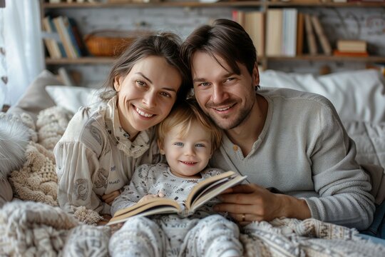 Happy young family with children enjoying free time resting on couch at home. Parents and kids sitting on soft comfy sofa, reading book of fairy tales