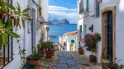 A picturesque view of Altea old town, characterized by its narrow winding streets and charming whitewashed houses nestled against the backdrop of the Mediterranean sea in Alicante province