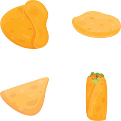 Pita bread icons set cartoon vector. Ingredient for cook tortilla burrito taco. Street fast food