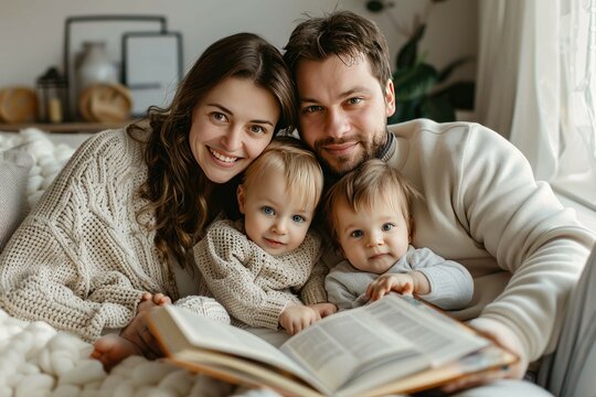 Happy young family with children enjoying free time resting on couch at home. Parents and kids sitting on soft comfy sofa, reading book of fairy tales