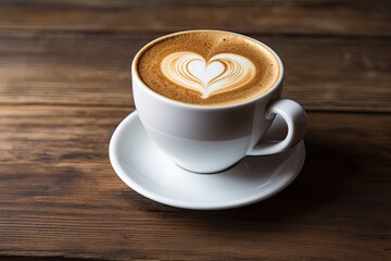 Hot White Latte Art in a Vintage Coffee Cup. Close-Up of a Heart-Shaped Latte Art on a Wooden