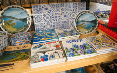 Ponta Delgada, Azores, Portugal.  - 19.2.2024: A souvenir shop where you can find typical products...