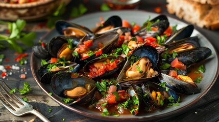 A mouthwatering culinary scene featuring a plate of delicious seafood mussels topped with savory sauce and garnished with fresh parsley - obrazy, fototapety, plakaty