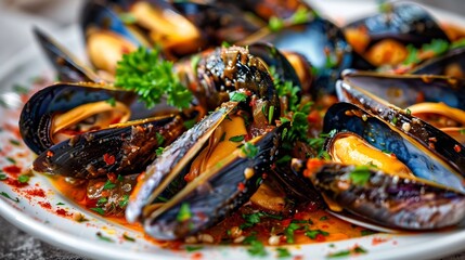 A mouthwatering culinary scene featuring a plate of delicious seafood mussels topped with savory sauce and garnished with fresh parsley - obrazy, fototapety, plakaty