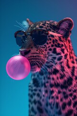 a leopard with sunglasses is blowing bubble gum on a blue background