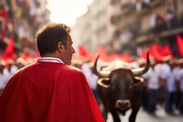 People running from the bull during Encierro,  San Fermin. Runners in Encierro. Bullfight Concept....