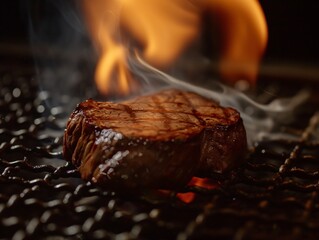 steak cooked on the grill with flames