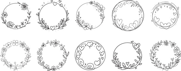 circle flower and hearts frames decoration set 