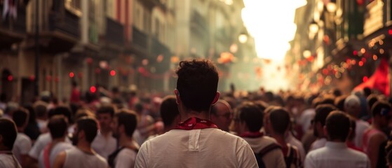 People running from the bull during Encierro,  San Fermin. Runners in Encierro. Bullfight Concept....