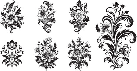 set of black and white flowers decoration vector