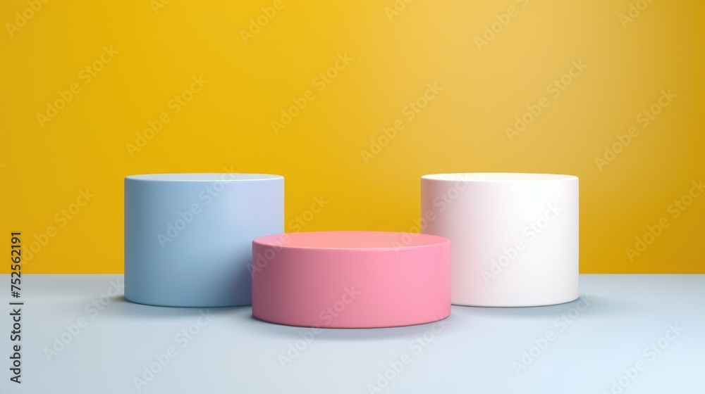 Poster three different colored cylinders on a bright yellow background. perfect for graphic design projects