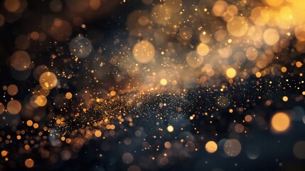 A mesmerizing abstract composition featuring a myriad of defocused bokeh lights, golden dust, and particles scattered across a velvety black background