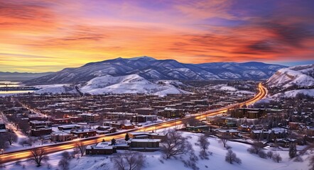 Drone View of Downtown Park City, Utah at Sunset - Winter Skyline Aerial of Town and Ski Resort.