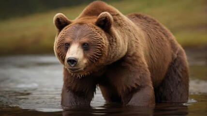 Fototapeta premium Brown bear walks along the river
