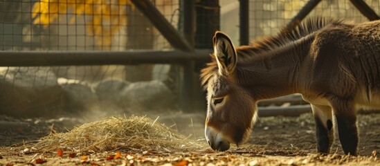 Adorable donkey grazing on fresh hay under sunny skies in a rustic farm pen