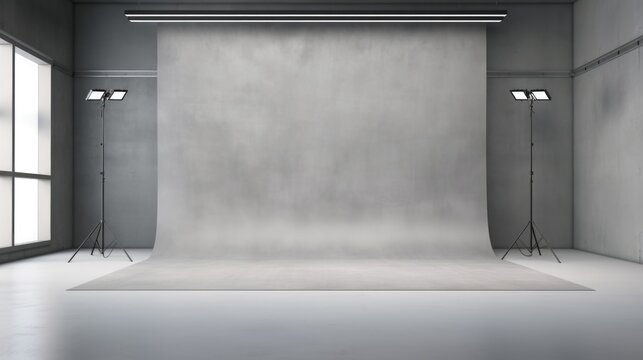 Professional photo studio setup with white backdrop and lighting equipment. Ideal for product photography