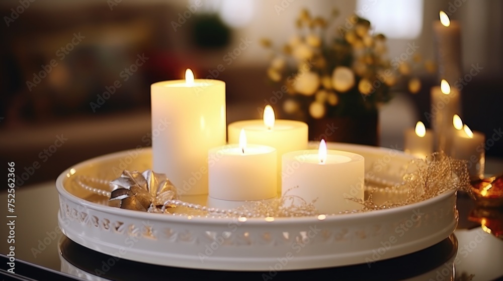 Poster a tray with three lit candles on a table. suitable for home decor or relaxation concepts