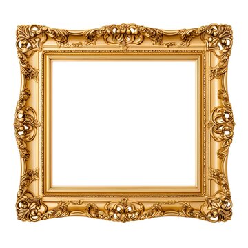 Elegant Antique Gold Square Picture Frame Border Isolated on White Background. Ornate and Classy