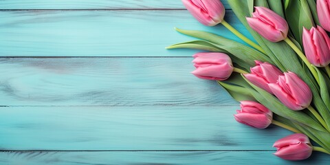 Beautiful Tulip Border on Blue Vintage Wooden Background. Perfect Spring Flower Frame for Banners