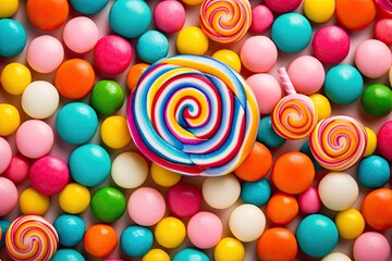 Fototapeta na wymiar Colorful Candy Background with Lollipops and Round Candies perfect for Confectionery and Sweet