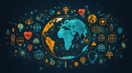Globe adorned with healthcare icons, highlighting interconnectedness of health issues