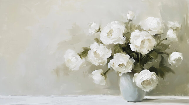 Impressionist painting of white roses on a white background.