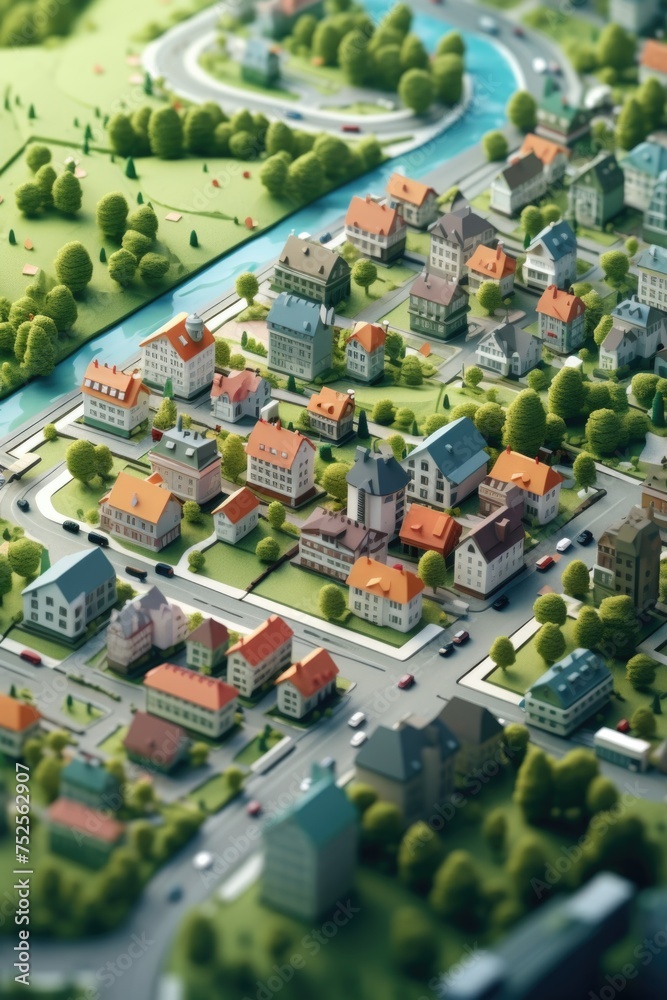 Poster a model of a town with a river running through it, suitable for architectural and urban planning pro