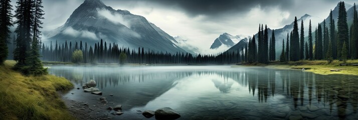 Majestic Banff National Park Landscape. Scenic Rocky Mountain Lake shrouded in Fog. 