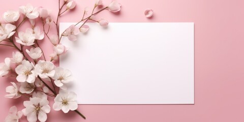 Pink background with white flowers and blank paper, suitable for various designs