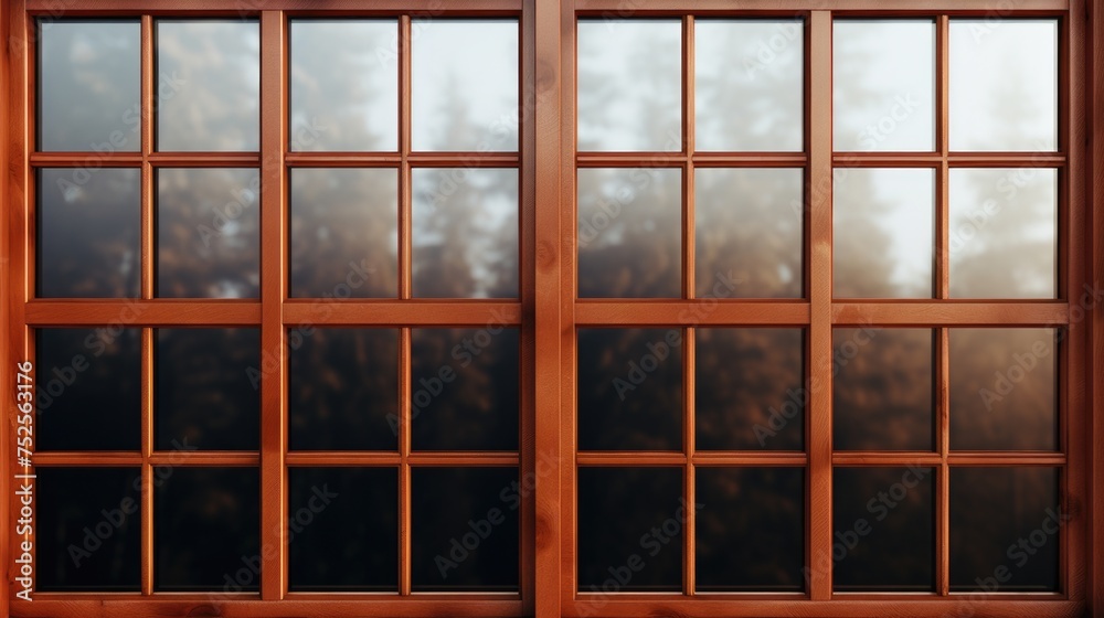 Poster a wooden window looking out into a forest. ideal for nature and relaxation concepts