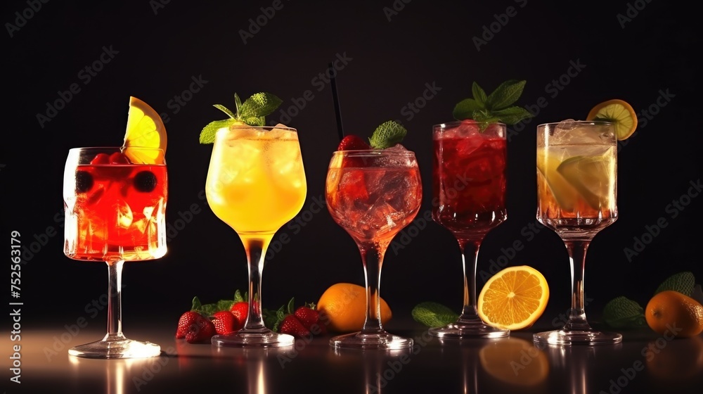 Poster row of glasses filled with various drinks, perfect for beverage concepts