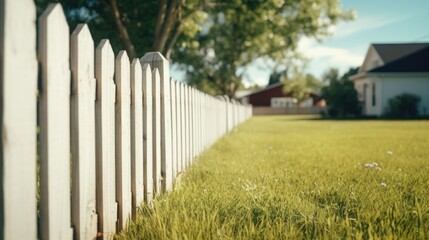 A serene image of a white picket fence in a grassy yard. Suitable for various projects and designs