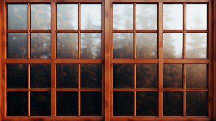 A wooden window looking out into a forest. Ideal for nature and relaxation concepts