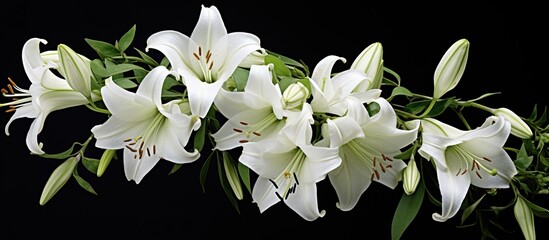 A bouquet of white lilies, including Branched St Bernards lily, contrasts boldly against a black background. The elegant flowers stand out with their slender tall stems, adding grace to the overall