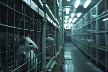 Shocking truth about animal experimentation: Rows of cages filled with suffering mice in laboratory for medical trials that often fail to prove effectiveness, raising ethical concerns and need to stop
