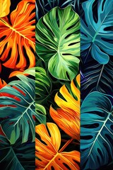 A variety of vibrant tropical leaves on canvas. Perfect for tropical-themed designs